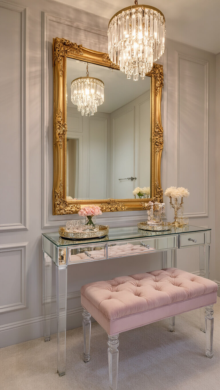 Elegant dusk vanity suite with greige paneled walls, large gilt mirror, blush velvet bench, and Lucite table, bathed in warm and cool lighting.
