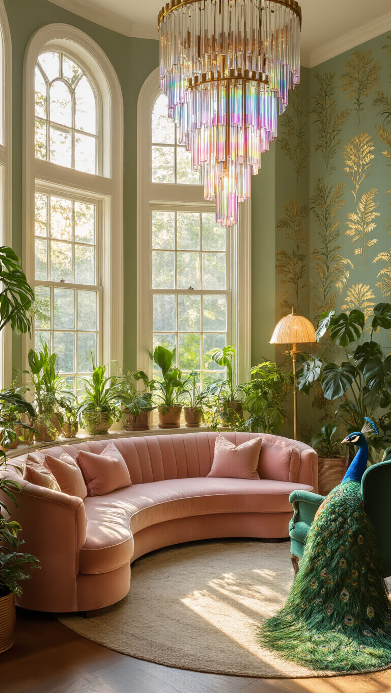 Sunlit sage green living room with blush velvet settee, emerald peacock chair, rainbow reflections from crystal prisms, botanical wallpaper, and warm brass lighting.