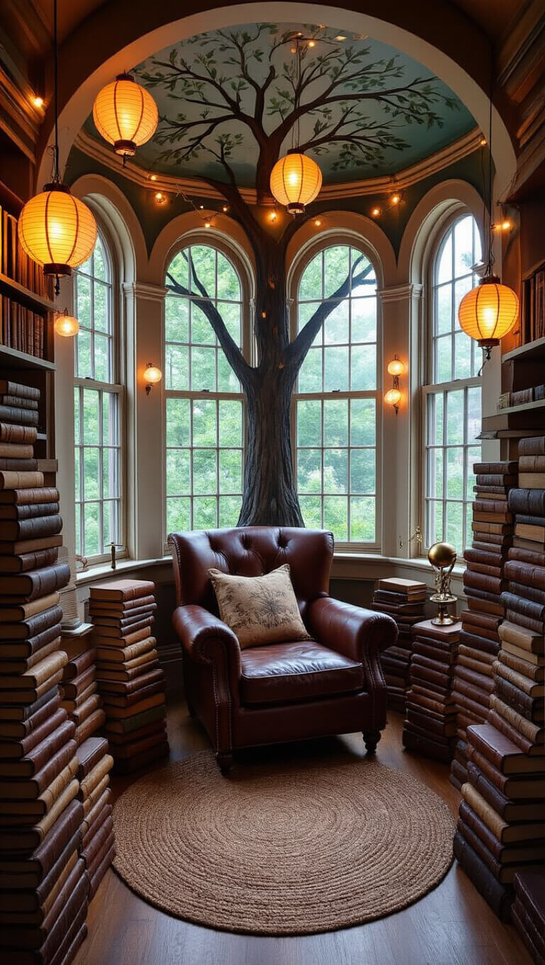 Cozy Victorian-style reading nook in a turret with arched windows at dusk, featuring a vintage leather armchair, hand-painted tree mural, string lights, paper lanterns, stacked leather-bound books, and brass decor on floating shelves.