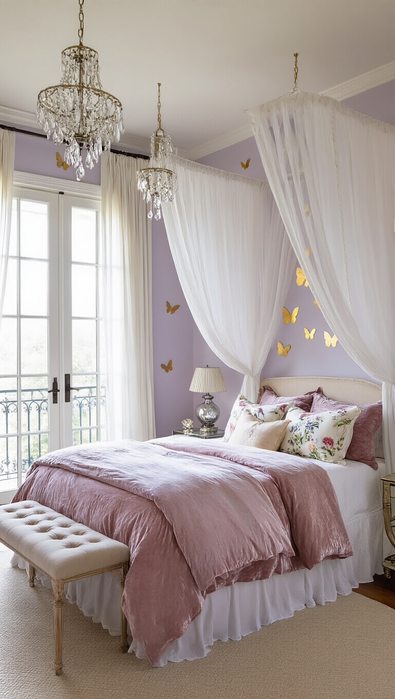Romantic 10x12 bedroom with canopy bed, French doors to balcony, pale lavender walls, gold butterfly decals, and morning light filtering through sheer curtains.