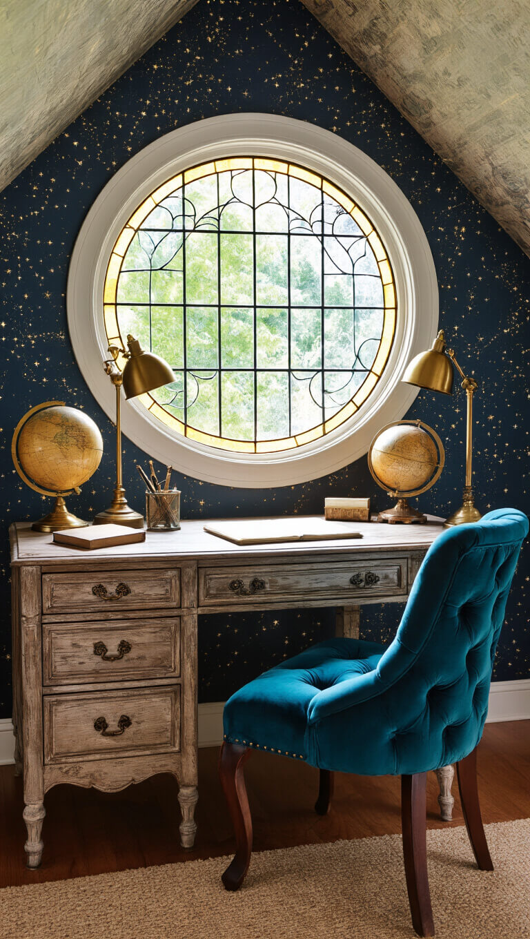 Magical 8x10 home office with round fairy tale-style window, antique oak desk, peacock blue velvet chair, constellation wallpaper, and vintage brass accessories.