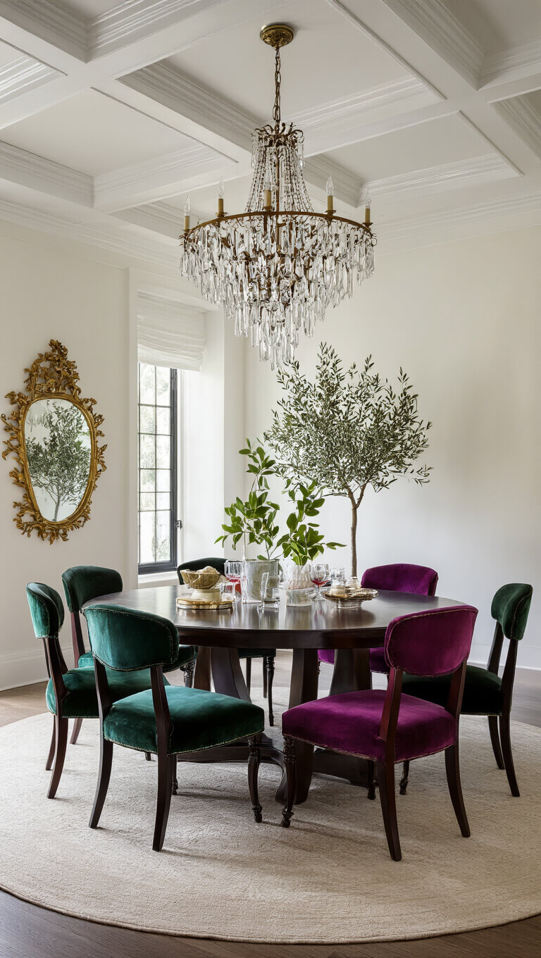 Dreamy 15' x 15' dining room with coffered ceilings, crystal chandelier, pearl-white walls, dark walnut oval table, jewel-toned vintage chairs, brass mirrors, and potted olive trees.