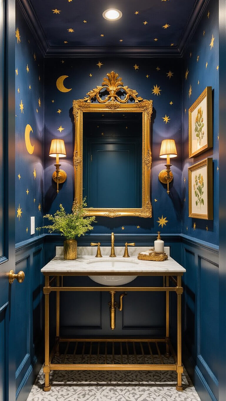 Moody powder room with hand-painted midnight blue walls, golden stars and moons, vintage gold-framed mirror over marble vanity, copper sconces, and pressed flower art in brass frames, viewed through doorway.