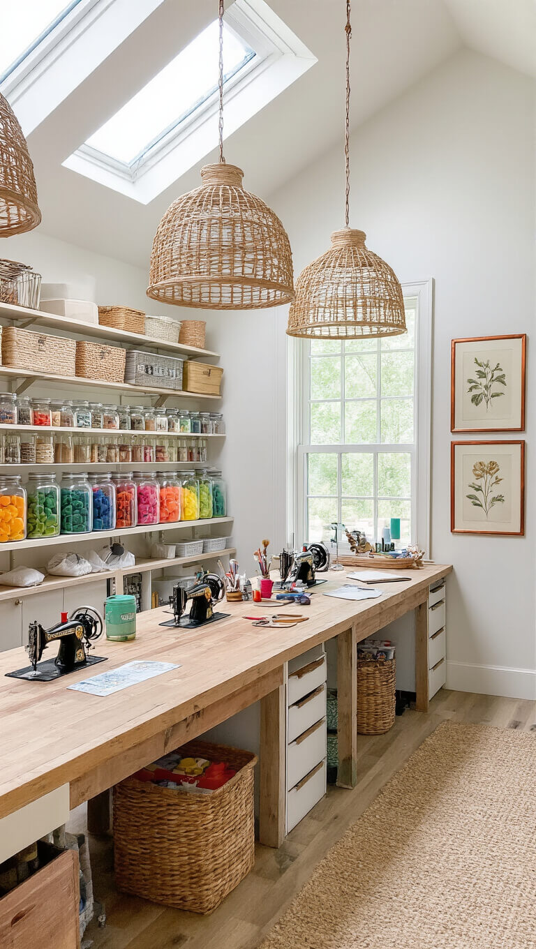 Whimsical 12x14 craft room with skylights, rainbow-organized supplies in jars, reclaimed wood workbench, vintage sewing machines, rattan pendants, and botanical prints in copper frames.