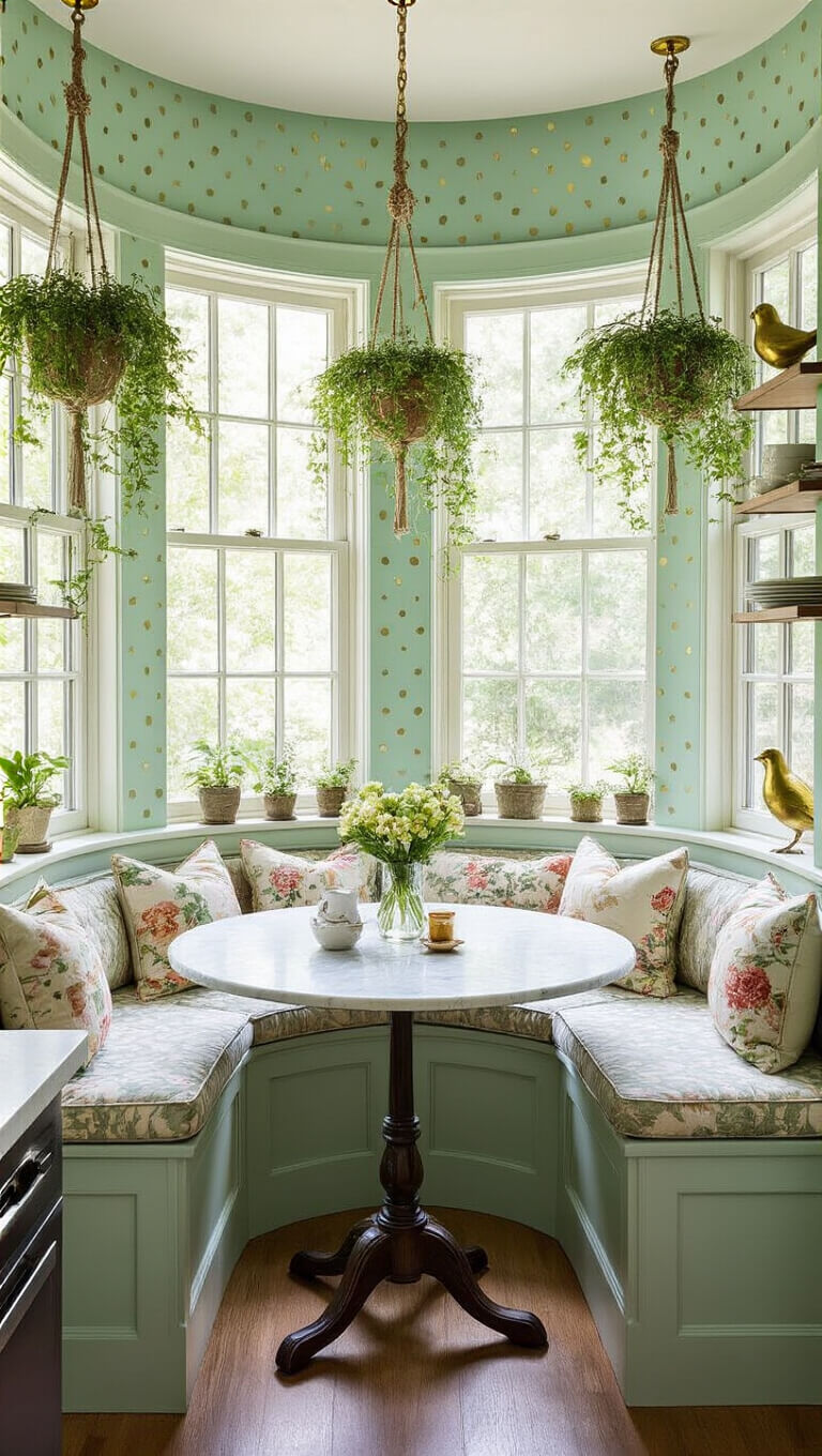 Cozy breakfast nook with round marble table, floral cushioned window seat in a curved bay window, mint green walls with gold polka dots, hanging plants, and brass bird figurines on shelves in morning light.