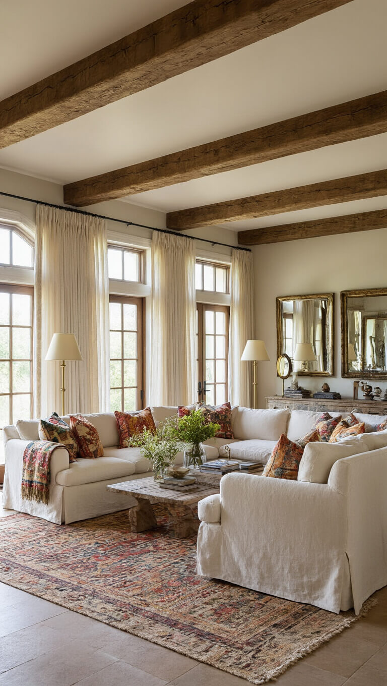Serene 16x18 great room with exposed wooden beams, cream linen sofas with colorful pillows, vintage mirrors, prisms, and brass floor lamps, bathed in late afternoon light, viewed from mezzanine.