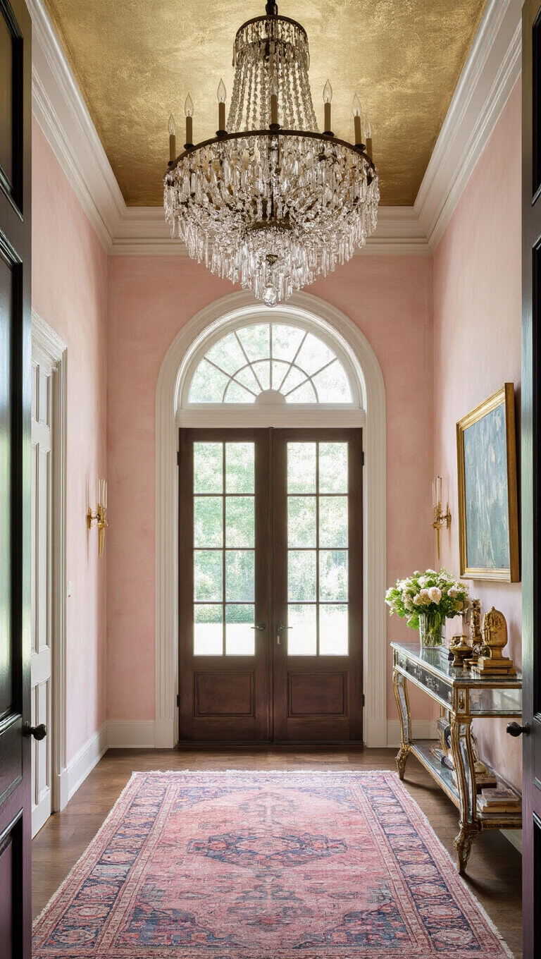Elegant 9' x 11' entry foyer with double-height ceiling, crystal chandelier, blush pink walls with gold accents, mirrored console with brass decor and flowers, layered vintage rugs, viewed from front door.