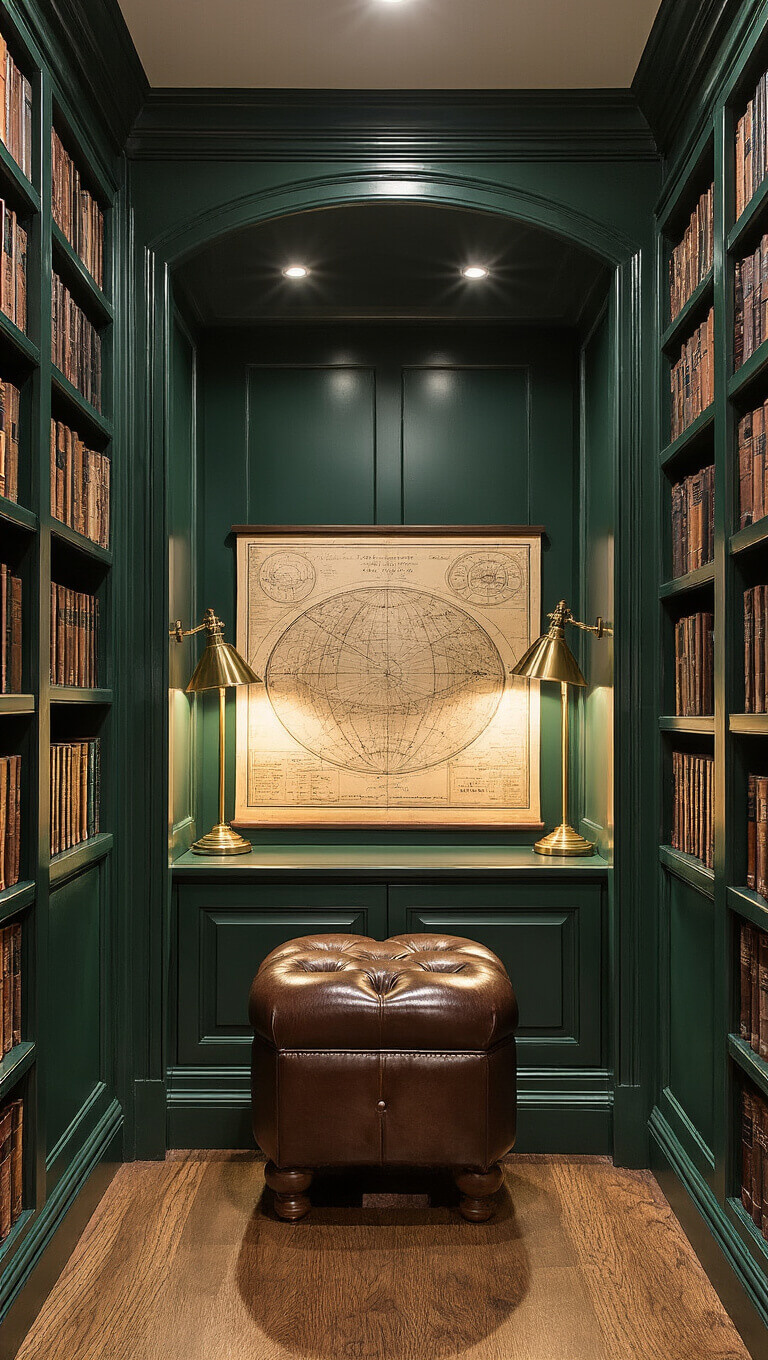 Moody library alcove under stairs with forest green bookshelves, leather ottoman, brass lamps, and vintage maps, shot from low angle.