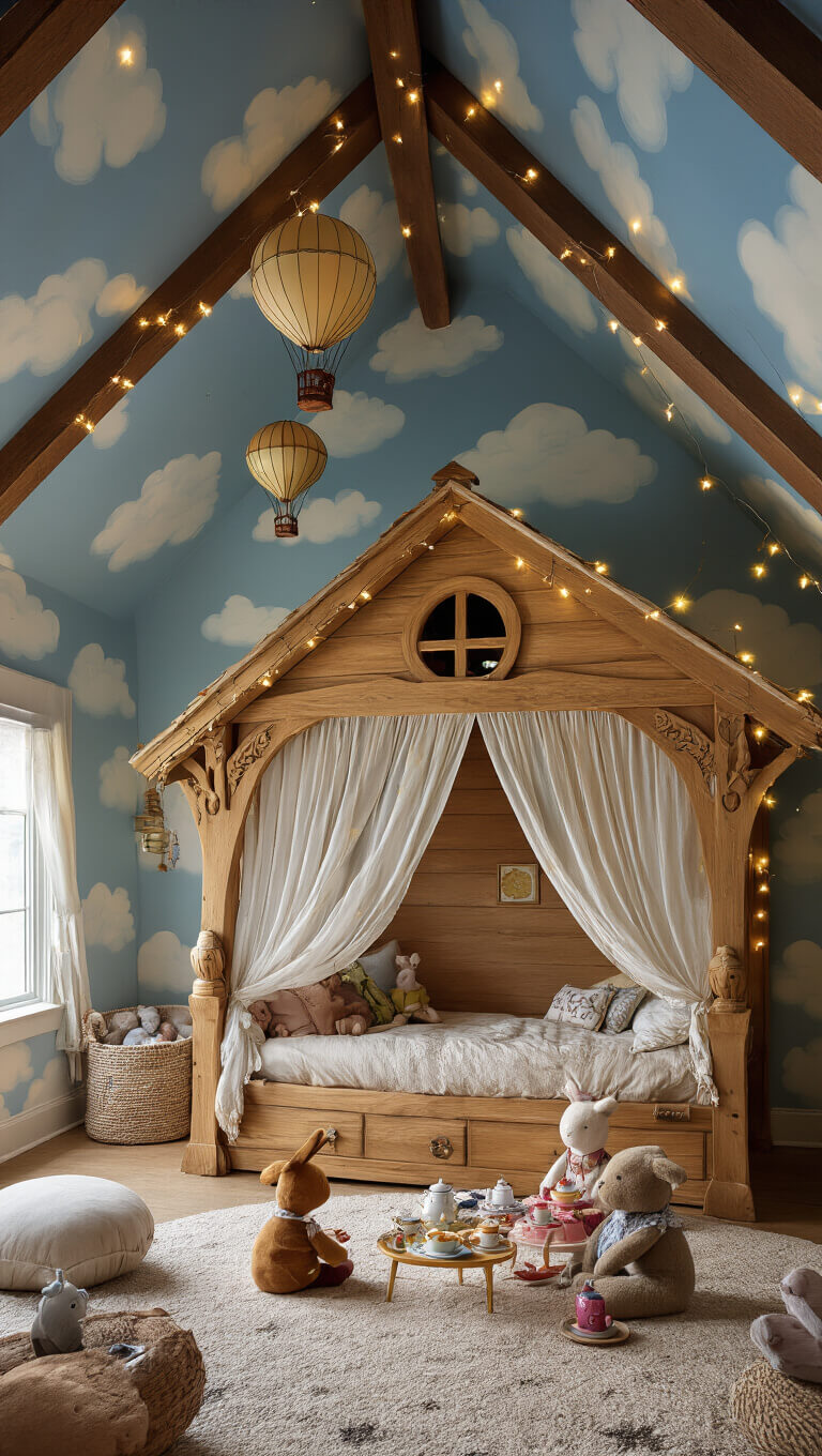 Whimsical child's bedroom with peaked ceiling, cloud-painted walls, string lights, treehouse-style bed, hanging vintage hot air balloons, and stuffed animals having a tea party.