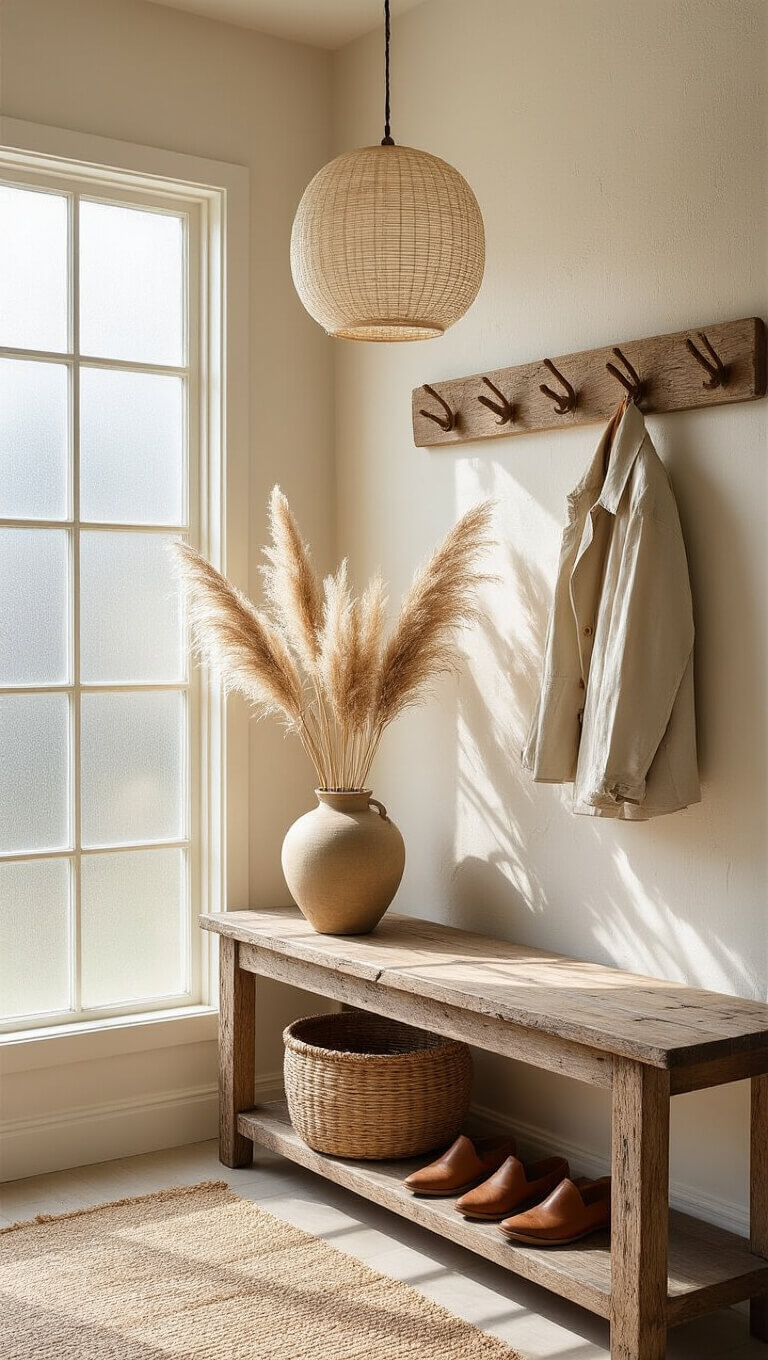 Serene entryway with reclaimed wood console, jute runner, pampas grass in ceramic vase, linen jacket on wooden hooks, seagrass basket with shoes, and ZZ plant under soft morning light.