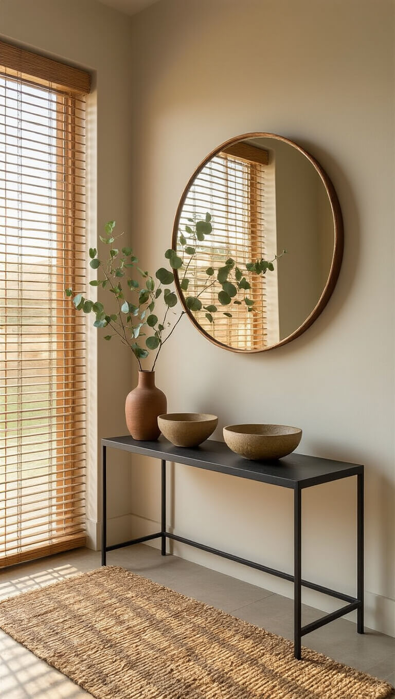 Minimalist entryway with warm sunlight through bamboo blinds, featuring ceramic bowl on black console, off-center copper mirror, natural wall hanging, eucalyptus in tall vase, and rush mat on floor.