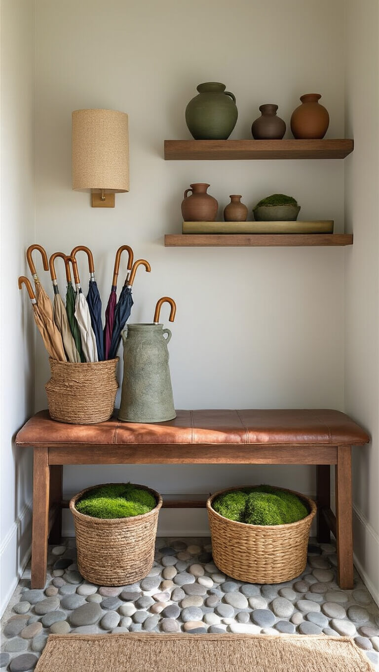 Wabi-sabi inspired corner entryway with vintage wooden bench, pottery on floating shelves, handmade wall sconce, moss in ceramic dish, and basket of umbrellas in soft diffused light.