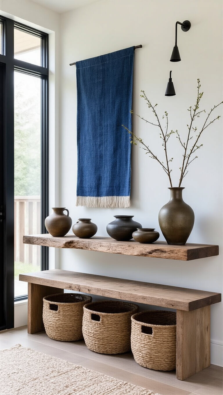 Minimalist entryway with floating raw-edge wood shelf, indigo textile art, hand-thrown vessels, oak bench with patrol, and ikebana in bronze vase.