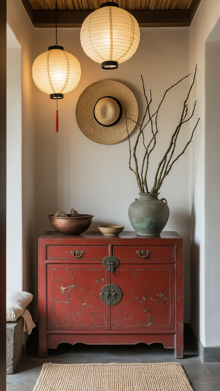 Moody, softly lit foyer with antique Chinese cabinet, bamboo hat wall art, stone vessel with branches, copper bowl, and meditation cushion on worn sisal rug.