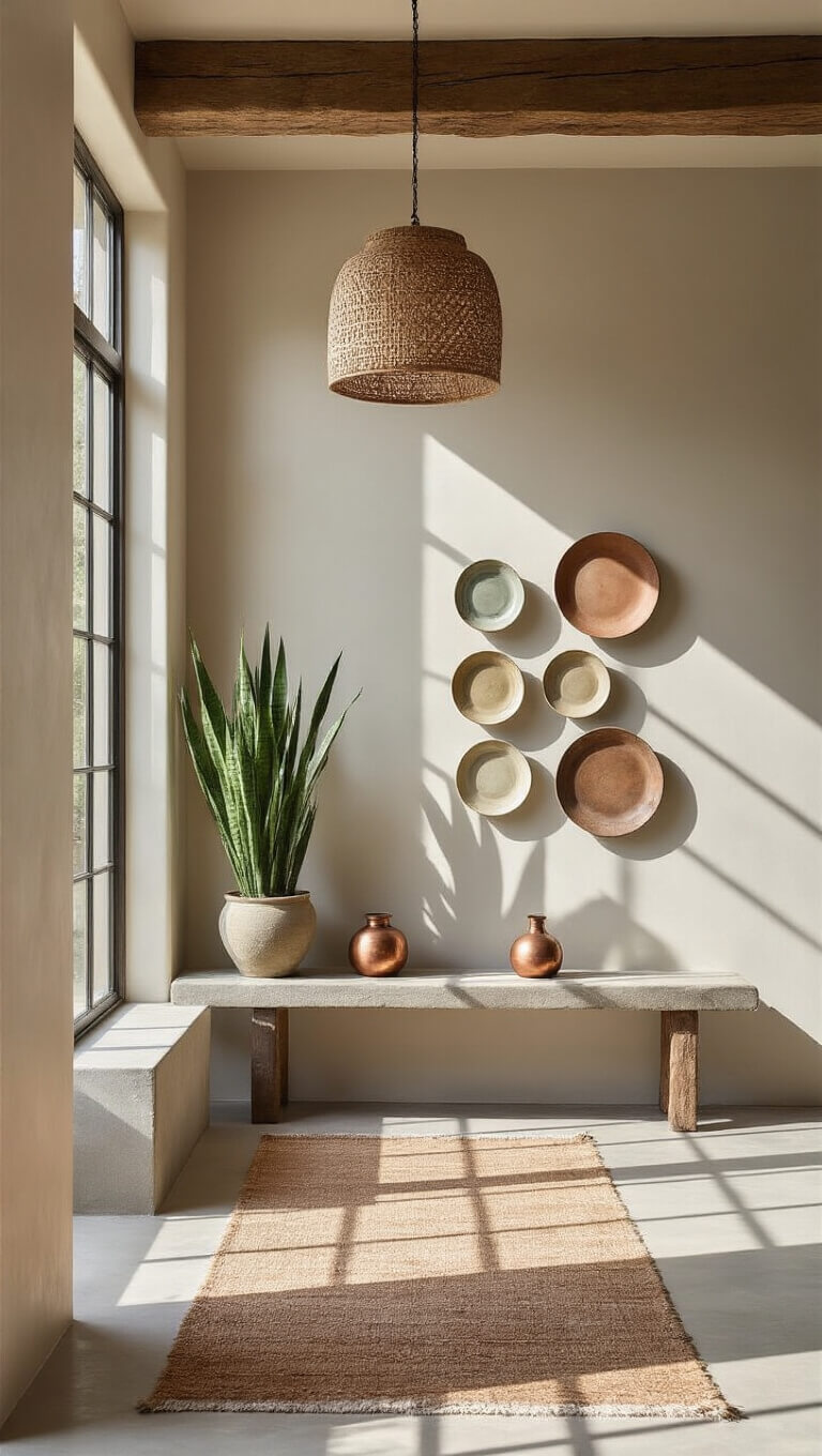 Sunlit entryway with 10ft ceilings, weathered beam coat rack, ceramic plate wall art, worn runner, snake plant in concrete planter, wooden stool with copper vessel, and rattan pendant casting shadows.