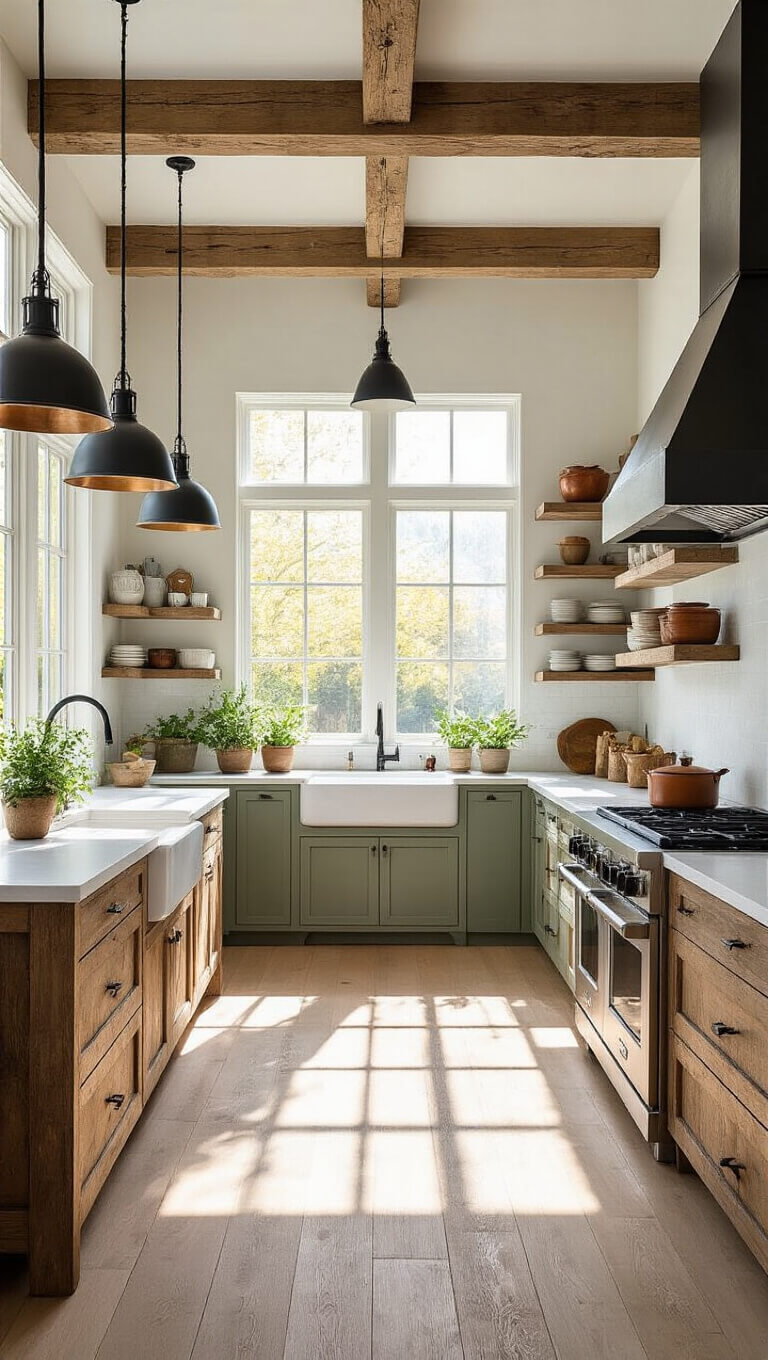 Modern rustic kitchen with exposed beams, white quartz island, sage green cabinets, and natural light highlighting oak floors and vintage accents.