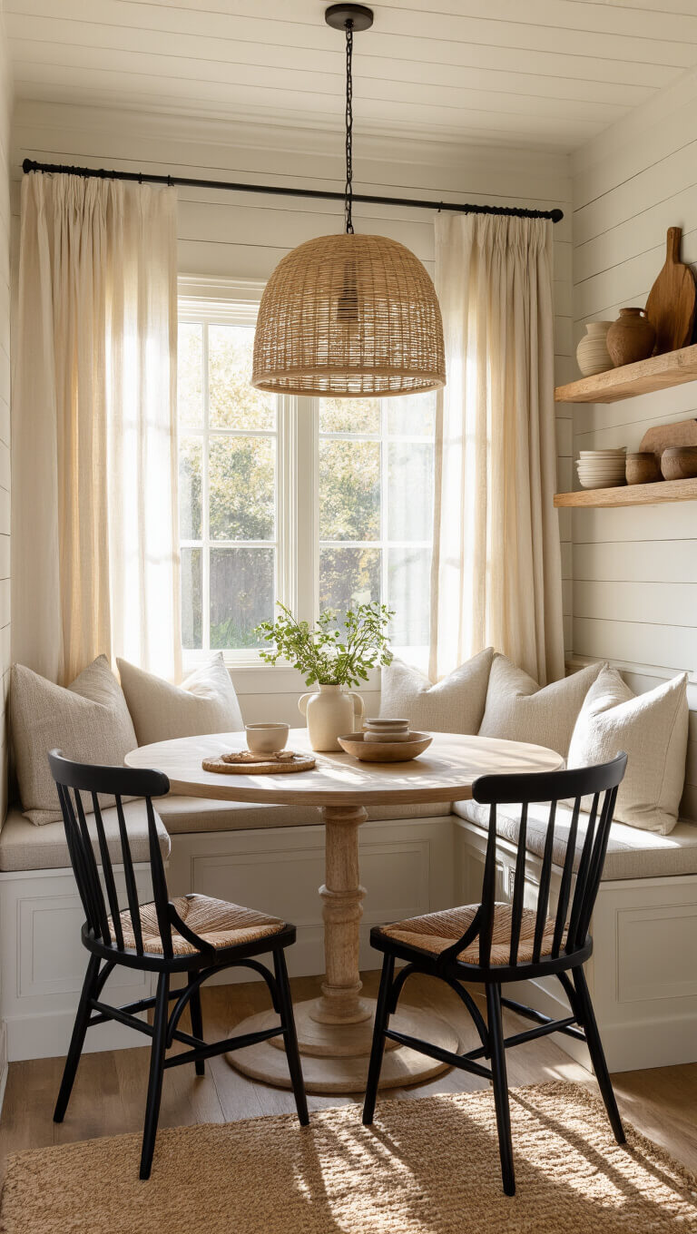 Cozy 8x8ft breakfast nook with built-in bench, weathered oak table, black Windsor chairs, and soft golden sunlight filtering through linen curtains.