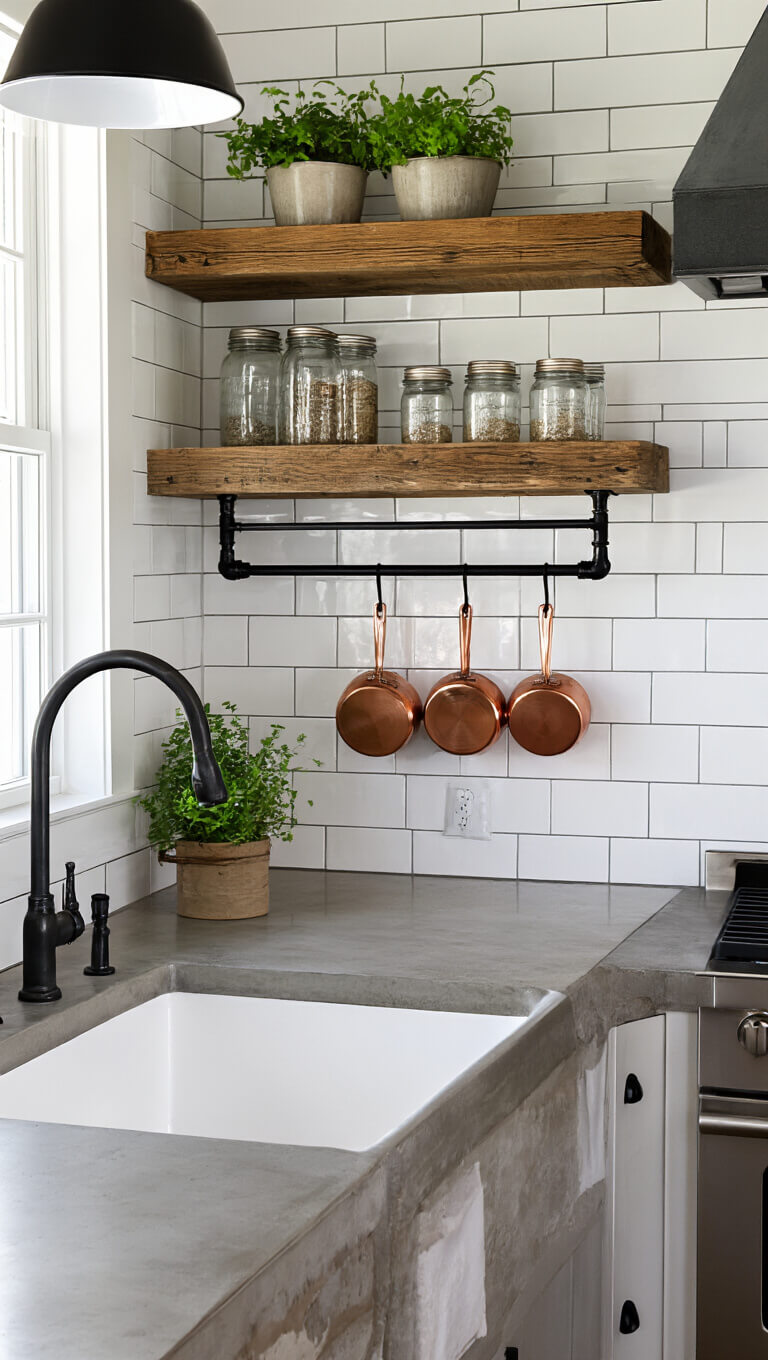 Close-up of modern farmhouse kitchen workspace with concrete counter, white subway tile backsplash, matte black fixtures, and reclaimed wood shelf holding jars and herbs.