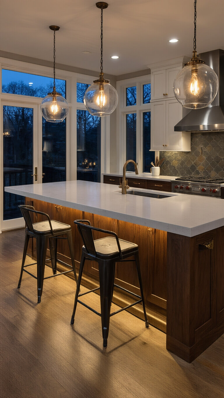 Dramatic dusk kitchen island with white waterfall quartz, walnut base, black steel barstools, and glowing glass pendant lights.