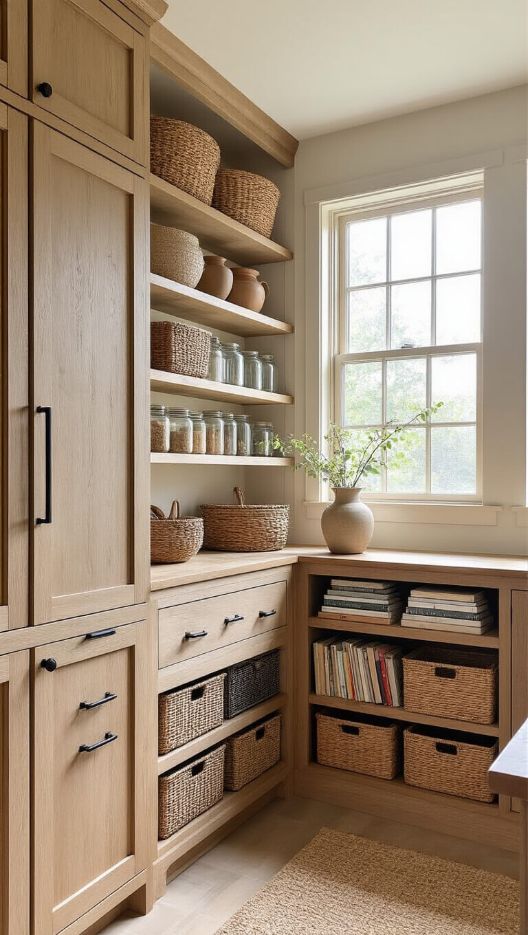 7ft natural oak pantry wall with closed storage, open shelving, woven baskets, glass jars, vintage crockery, and cookbooks in bright morning light.