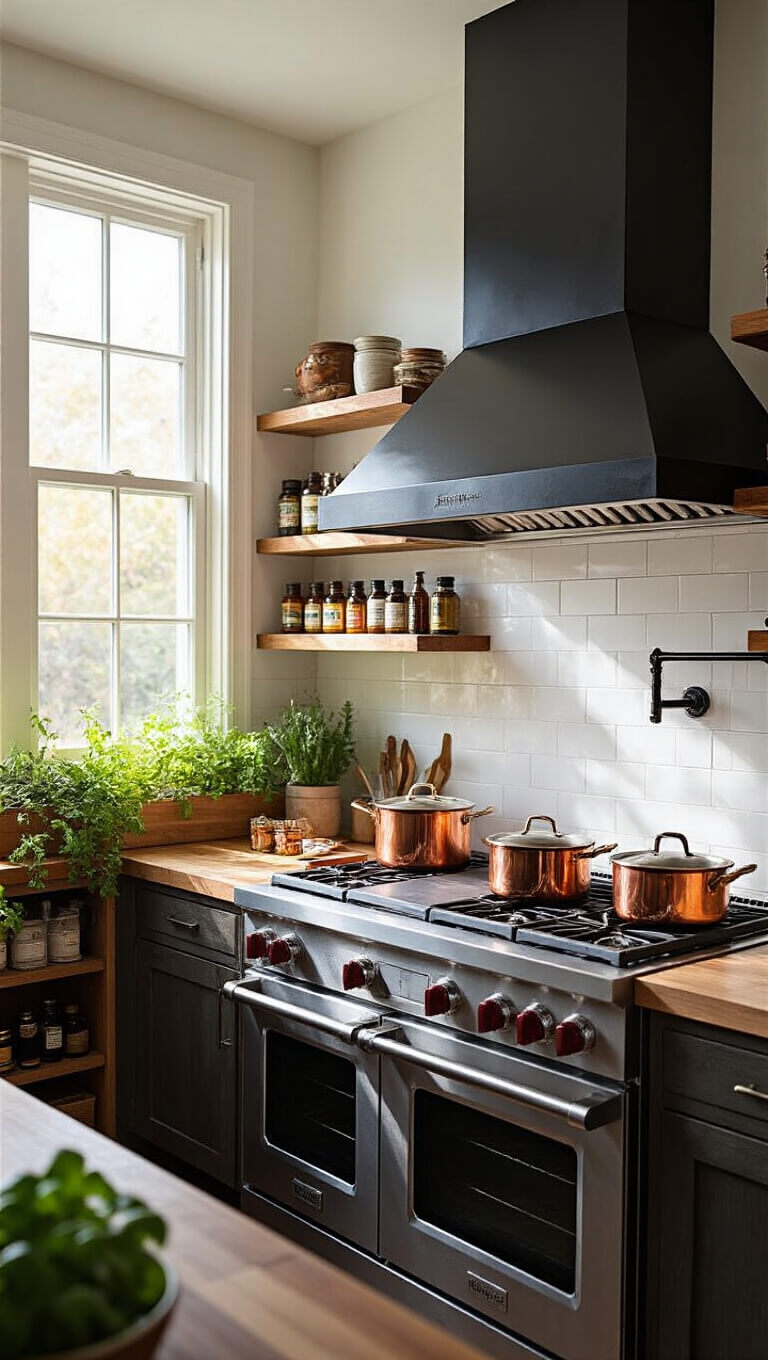 Professional 6-burner stainless steel cooking station with copper pots steaming under warm afternoon light, blackened steel range hood, amber glass spice jars on open shelves, and a thriving windowsill herb garden.