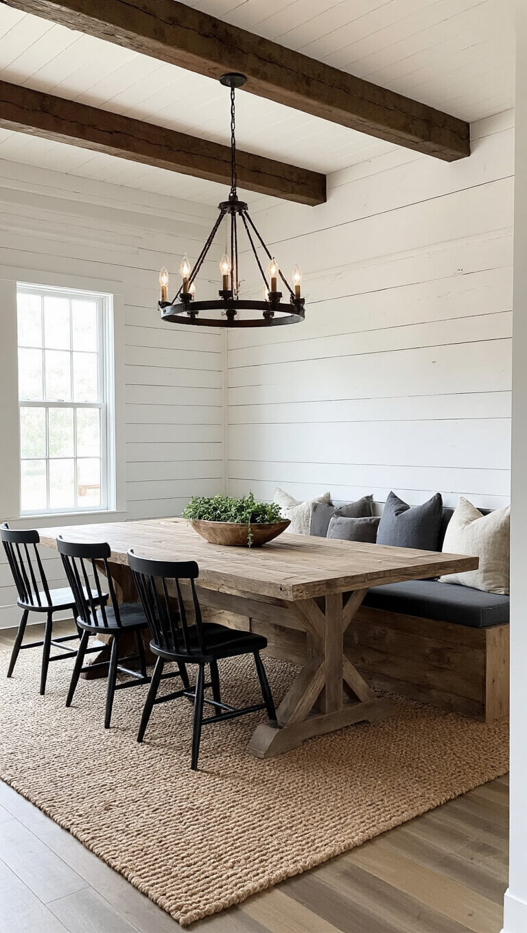 Modern rustic dining room with harvest table, black Windsor chairs, charcoal banquette, jute rug, shiplap walls, and dark wood ceiling beams under vintage industrial chandelier.