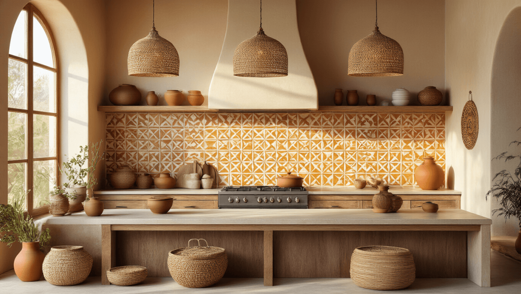 "Sunlit Afrohemian kitchen interior with warm earthtone tiles, geometric patterns, woven baskets, handcrafted pottery, pendant lights, wooden elements, and terracotta accents"