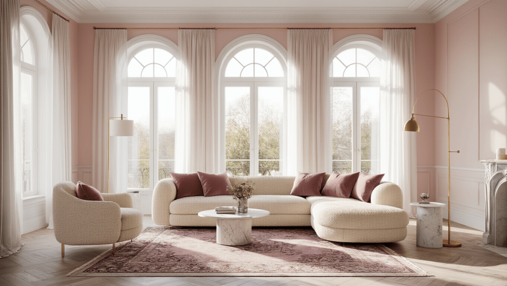 "Elegant living room with blush pink walls, cream bouclé sofa, brass accents, sheer curtains and high ceilings in soft morning light"