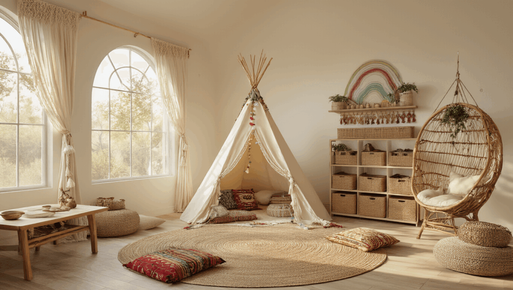 "Boho styled playroom with natural elements, featuring cream canvas teepee, hanging rattan chair, wooden table, and botanical prints on the wall"