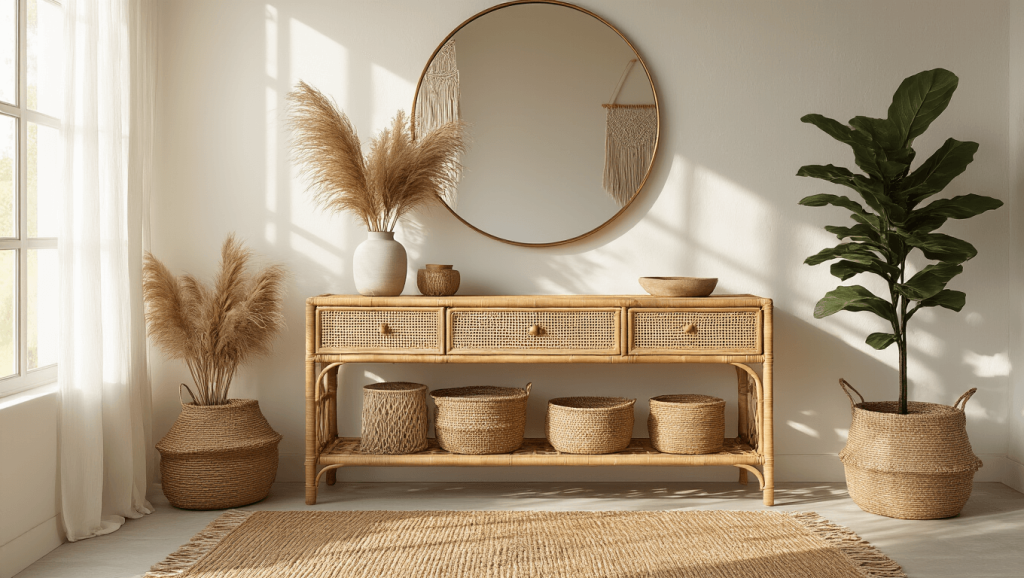 "Bohemian entryway with rattan console table, brass mirror, layered rugs, macramé wall hangings, woven baskets, and fiddle leaf fig in warm golden light."