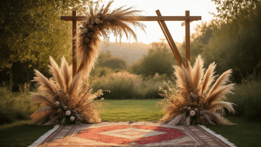 "Bohemian wedding arch with pampas grass and wildflowers in a garden during golden hour"