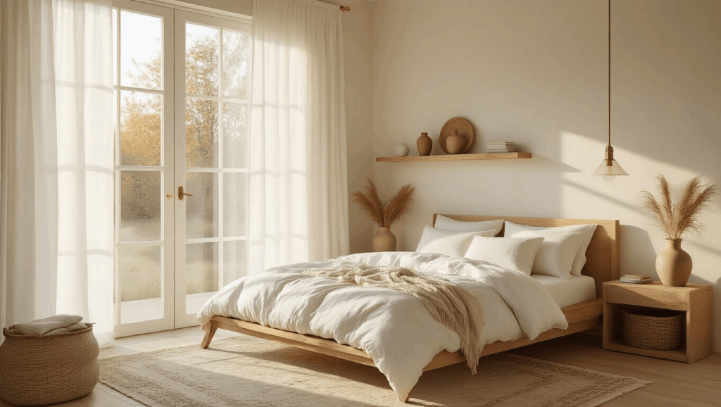 "Minimalist cottage bedroom bathed in morning golden hour light, showcasing an oak platform bed with white linen, vintage Persian rug, and simplistic floating shelves adorned with pampas grass in ceramic vases"