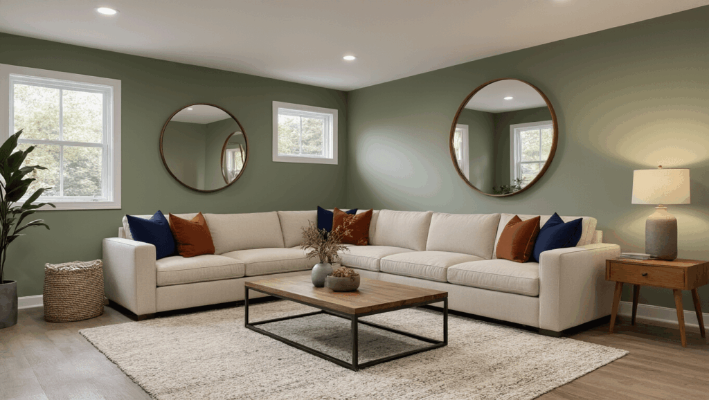 "Cozy basement living room featuring an oatmeal sectional with rust and navy pillows, a sage green accent wall, layered lighting, and modern decor on a warm white background"