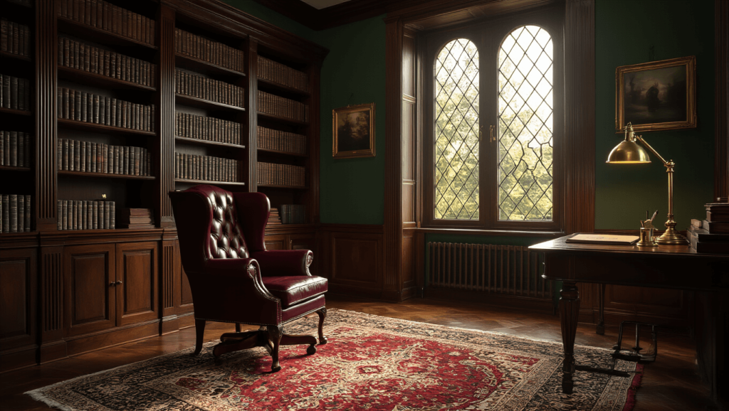 "Grand study room with mahogany bookshelves, burgundy leather chair, ornate Persian rug, and brass desk lamp in morning light, shot in a moody and dramatic style"