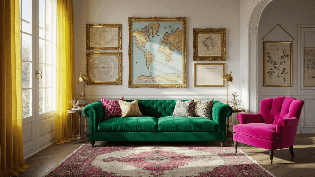 "Eclectic maximalist living room in jewel tones with velvet sofa and accent chair, layered Persian rugs, wall gallery, brass lamps, and vintage artifacts in golden hour light"