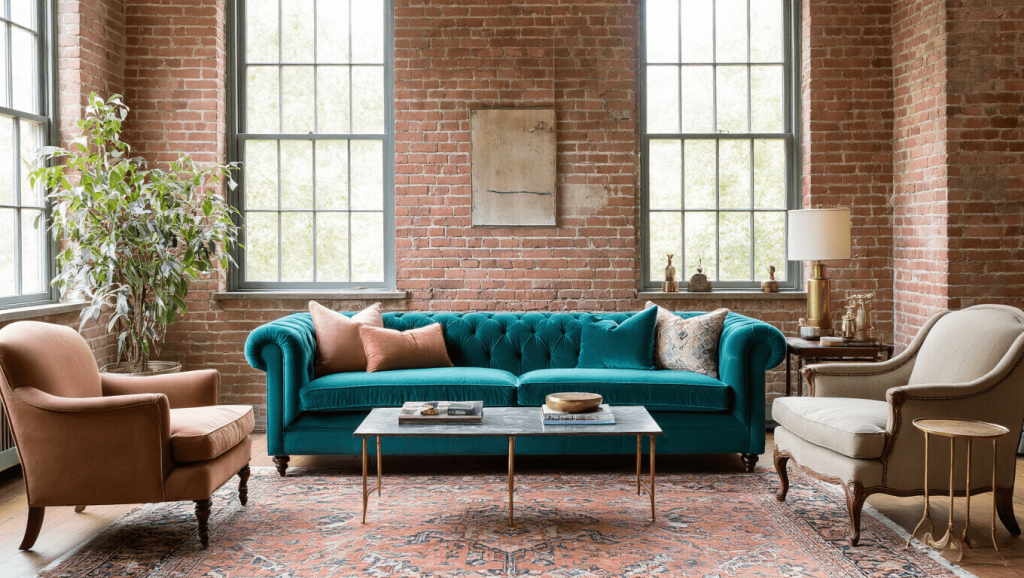 "Teal velvet Chesterfield sofa in a bright living room with exposed brick walls, mid-century armchairs, vintage brass accents, and light filtering through tall windows"