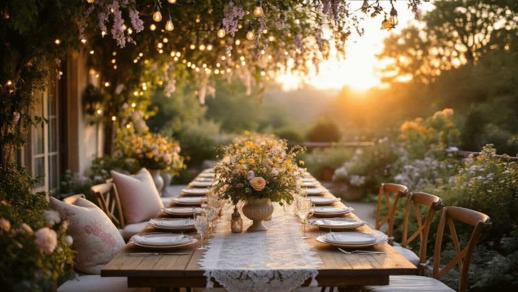 "Enchanted garden party at sunset with vintage furniture, string lights, floral arrangements, and soft lighting"