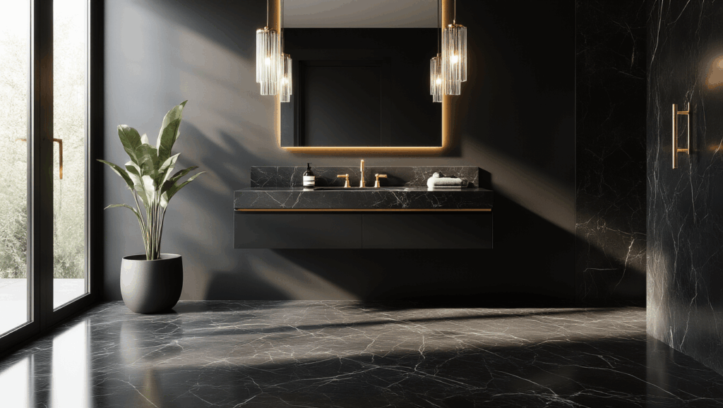 "Luxurious black bathroom with matte vanity, gold accents, marble floors, and morning light streaming in"