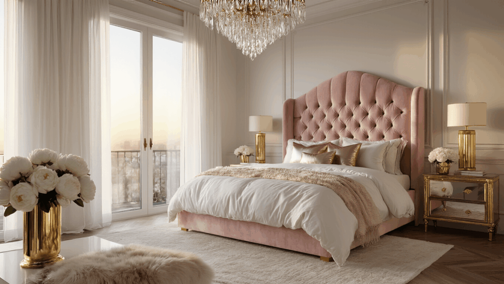 "Luxurious master bedroom with blush pink velvet headboard, silky bedding, gilt-framed mirror, and golden hour lighting"