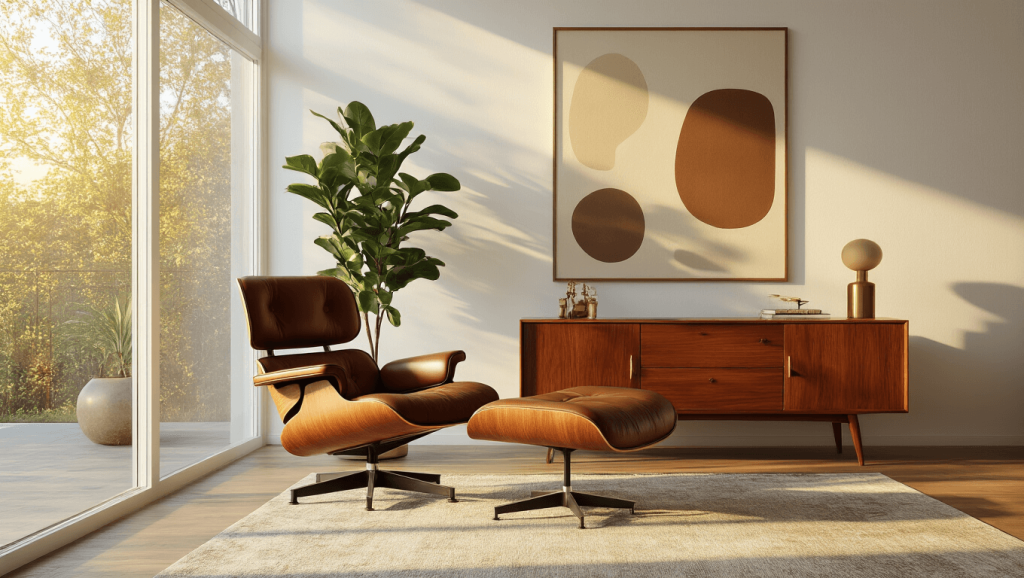 "Mid-century modern living room with cognac leather Eames chair, walnut credenza, abstract art, and fiddle leaf fig plant in golden hour light"