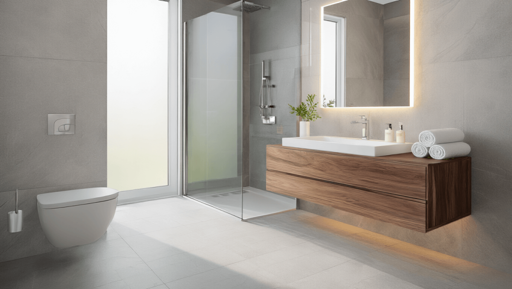 "Modern spa bathroom with minimalist design, white floating vanity, glass shower, and LED lighting on a clean background"