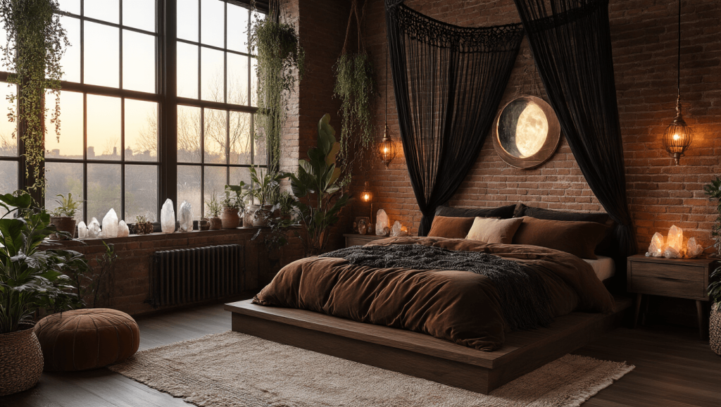 "Boho bedroom with dark walnut platform bed, black macramé canopy, layered earth tone bedding, exposed brick wall, moon phase mirror, crystal clusters, hanging plants, and warm ambient lighting for a mystical atmosphere."