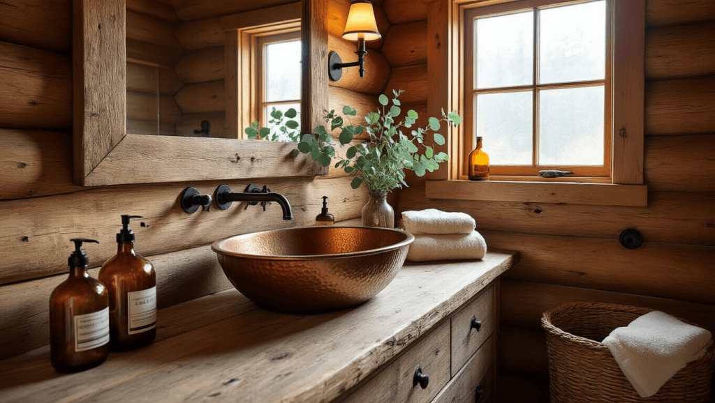 "Rustic log cabin bathroom with copper sink, reclaimed wood vanity, and natural elements illuminated by golden sunlight"