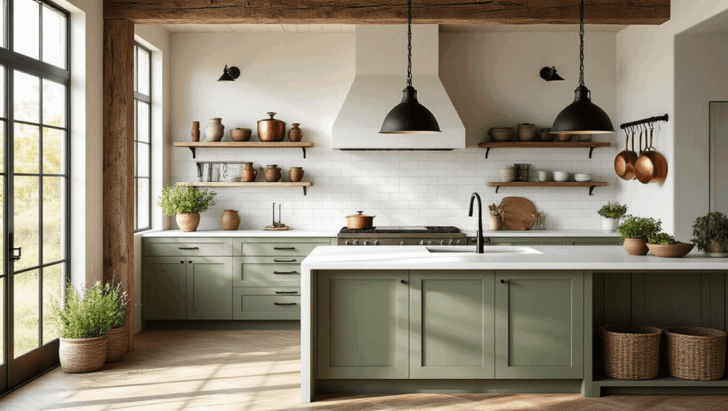 "Sunlit rustic modern kitchen with green and white cabinets, exposed wood beams, waterfall island, and vintage decor."