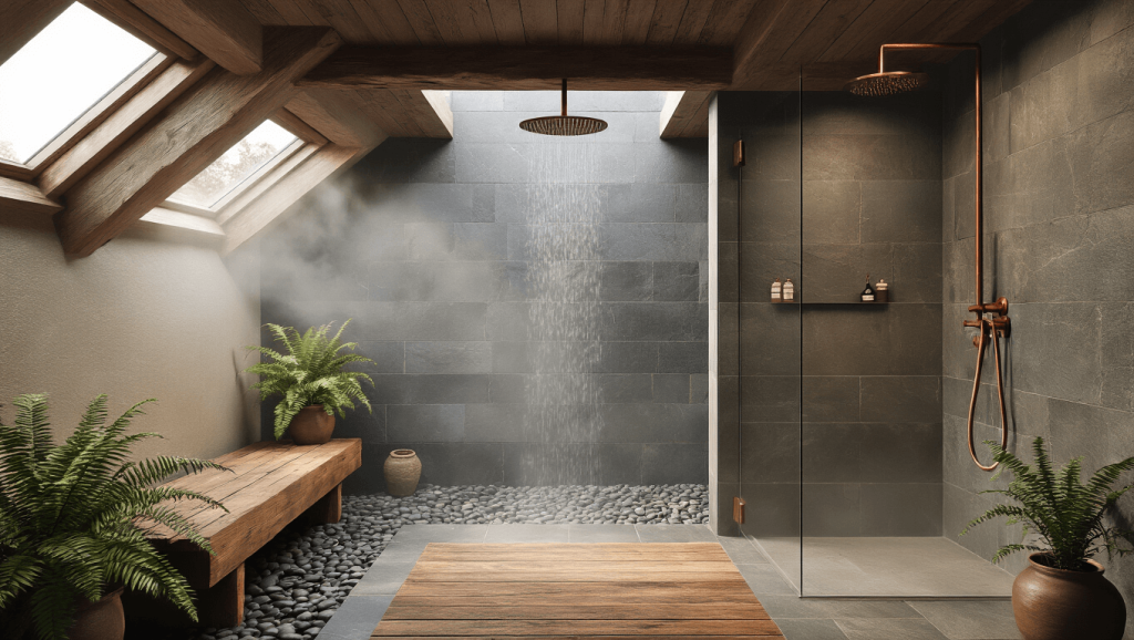 "Luxury rustic wet room with slate gray stone walls, reclaimed teak accents, aged copper fixtures, and natural morning light streaming through a skylight"