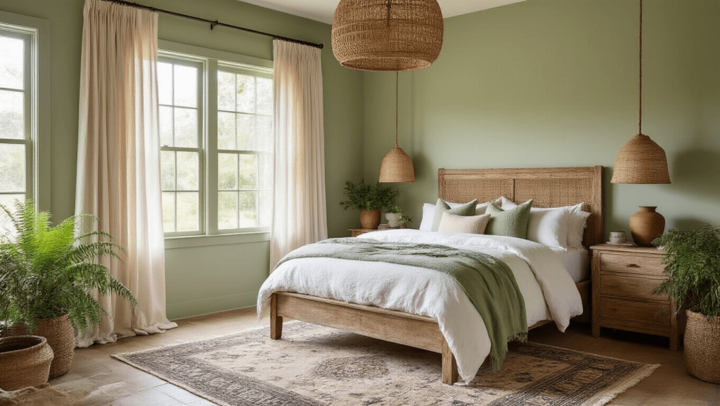 "Sage green farmhouse bedroom with weathered oak bed, linen curtains, and rattan pendant light in morning sunlight"