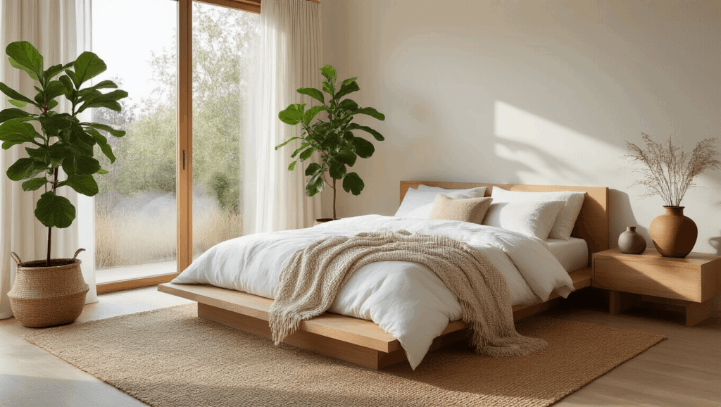 "Serene, organic modern bedroom with natural textures and warm morning light"