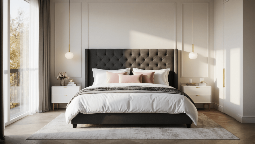 "Modern luxury bedroom with king bed, tufted headboard, white linens, grey throws, rose pillows and floor-to-ceiling windows filtering golden light"