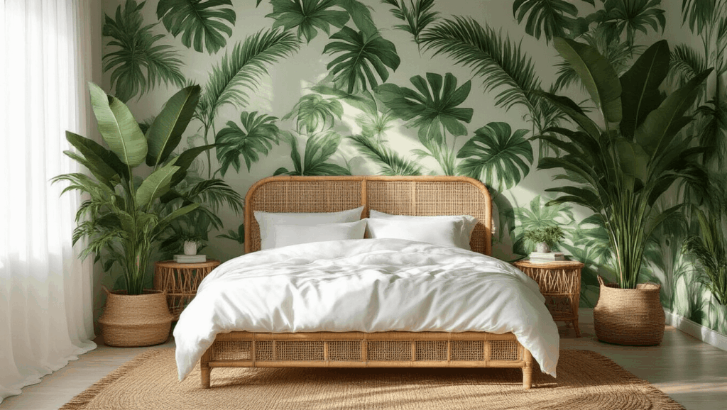 "Tropical bedroom with rattan bed, palm wallpaper, large Monstera plant, and morning sunlight filtering through white curtains"