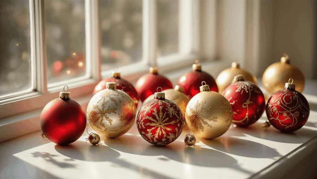 "Vintage red and gold Christmas ornaments on a sunlit surface, with light reflections creating sparkles and shadows."